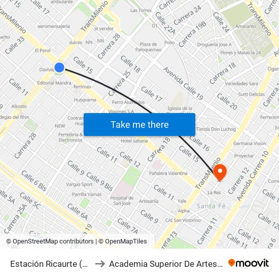 Estación Ricaurte (Ac 13 - Kr 29) to Academia Superior De Artes De Bogota - Asab map