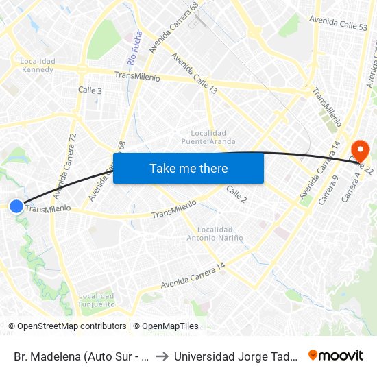 Br. Madelena (Auto Sur - Kr 64 Bis) to Universidad Jorge Tadeo Lozano map