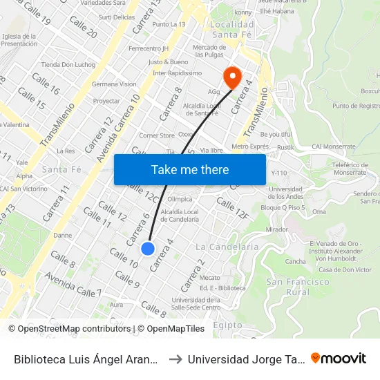 Biblioteca Luis Ángel Arango  (Kr 5 - Cl 11) to Universidad Jorge Tadeo Lozano map