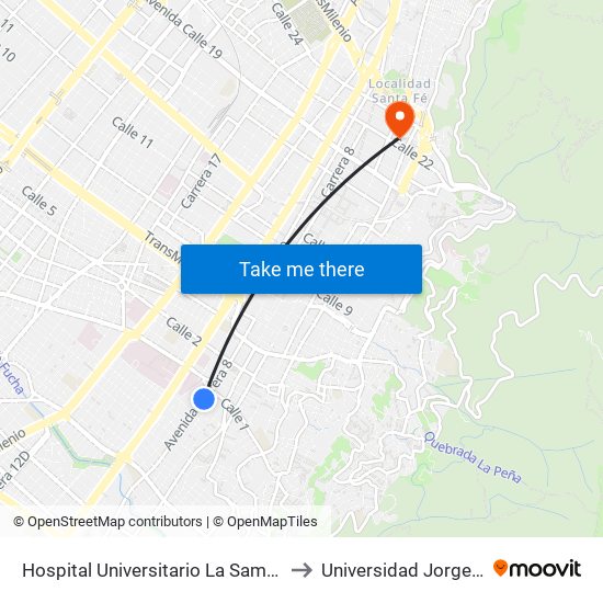Hospital Universitario La Samaritana (Kr 8 - Cl 0 Sur) to Universidad Jorge Tadeo Lozano map