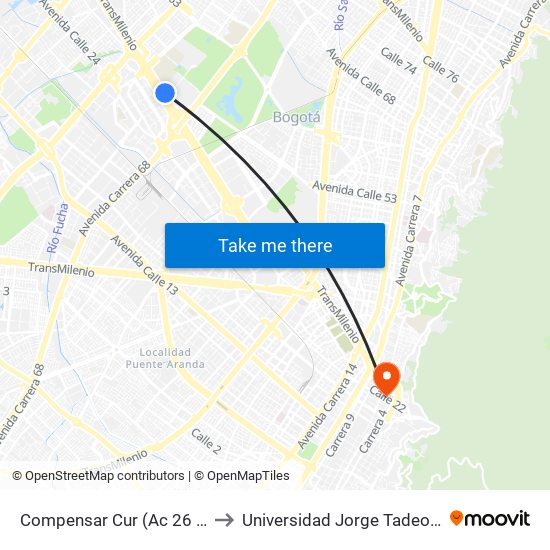 Compensar Cur (Ac 26 - Kr 69) to Universidad Jorge Tadeo Lozano map