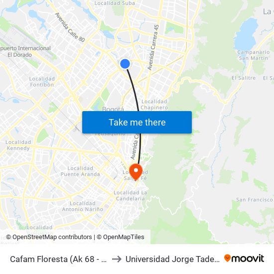 Cafam Floresta (Ak 68 - Cl 95) (C) to Universidad Jorge Tadeo Lozano map