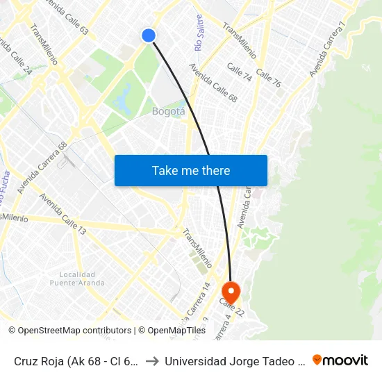 Cruz Roja (Ak 68 - Cl 68b) (D) to Universidad Jorge Tadeo Lozano map
