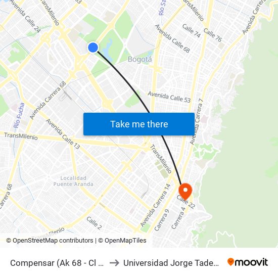 Compensar (Ak 68 - Cl 49a) (B) to Universidad Jorge Tadeo Lozano map