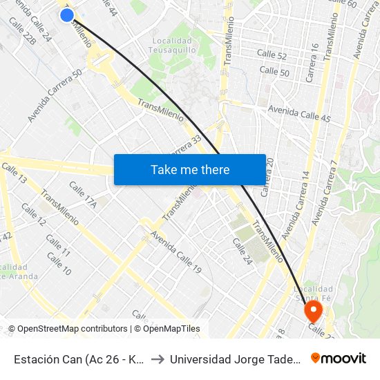 Estación Can (Ac 26 - Kr 59) (B) to Universidad Jorge Tadeo Lozano map