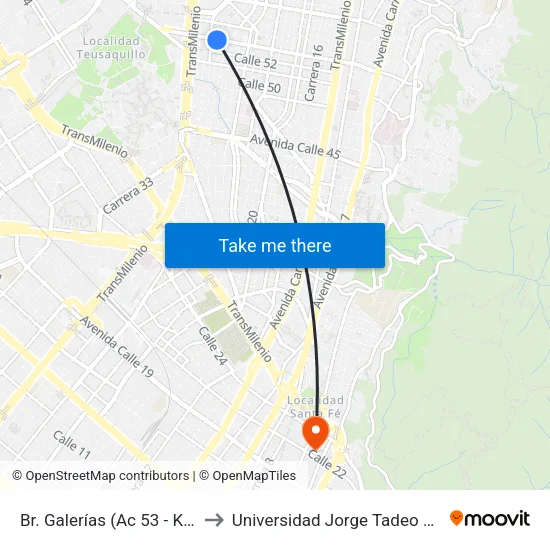 Br. Galerías (Ac 53 - Kr 27a) to Universidad Jorge Tadeo Lozano map