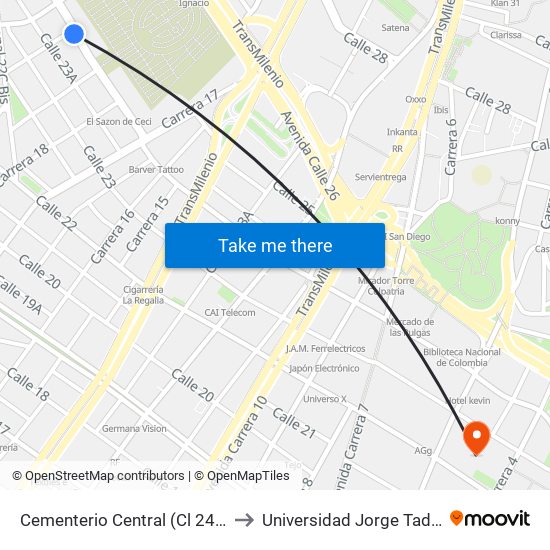 Cementerio Central (Cl 24 - Kr 18 Bis) to Universidad Jorge Tadeo Lozano map