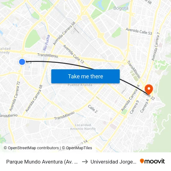 Parque Mundo Aventura (Av. Boyacá - Cl 2a Bis) (A) to Universidad Jorge Tadeo Lozano map