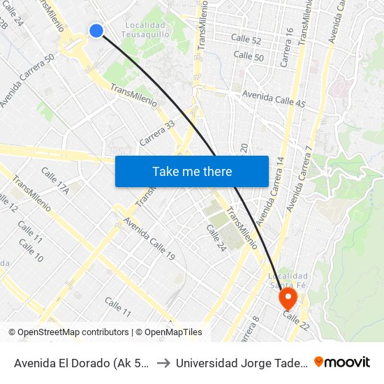 Avenida El Dorado (Ak 50 - Ac 26) to Universidad Jorge Tadeo Lozano map