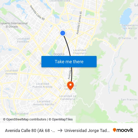 Avenida Calle 80 (Ak 68 - Ac 80) (A) to Universidad Jorge Tadeo Lozano map