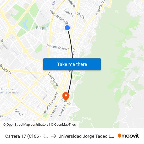 Carrera 17 (Cl 66 - Kr 17) to Universidad Jorge Tadeo Lozano map