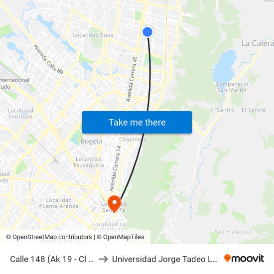 Calle 148 (Ak 19 - Cl 148) to Universidad Jorge Tadeo Lozano map