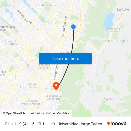 Calle 119 (Ak 15 - Cl 118a) (A) to Universidad Jorge Tadeo Lozano map