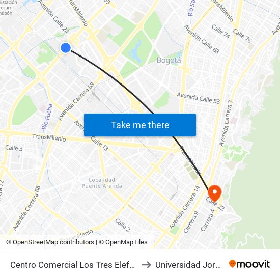 Centro Comercial Los Tres Elefantes (Av. Boyacá - Cl 23) (A) to Universidad Jorge Tadeo Lozano map