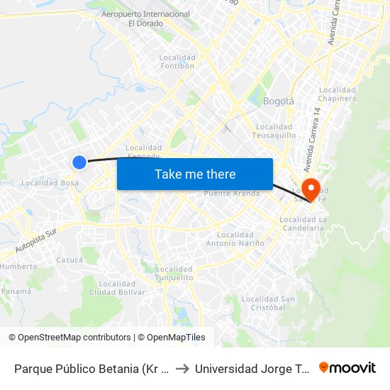 Parque Público Betania (Kr 87 - Cl 51b Sur) to Universidad Jorge Tadeo Lozano map