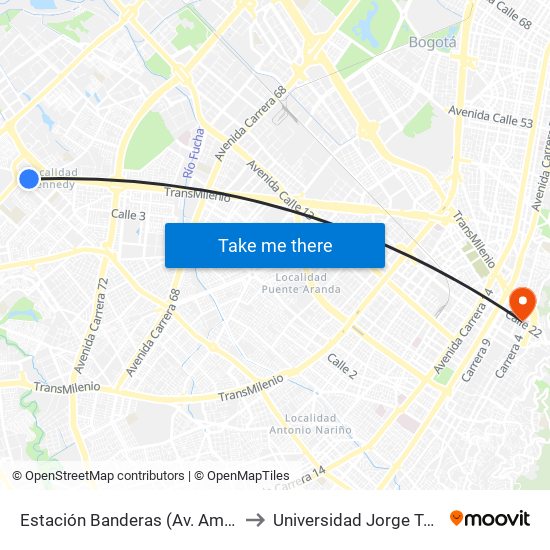 Estación Banderas (Av. Américas - Kr 79a) to Universidad Jorge Tadeo Lozano map