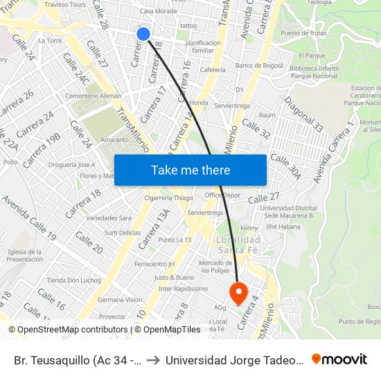 Br. Teusaquillo (Ac 34 - Kr 20) to Universidad Jorge Tadeo Lozano map