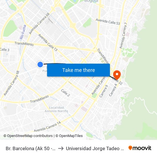Br. Barcelona (Ak 50 - Ac 3) to Universidad Jorge Tadeo Lozano map