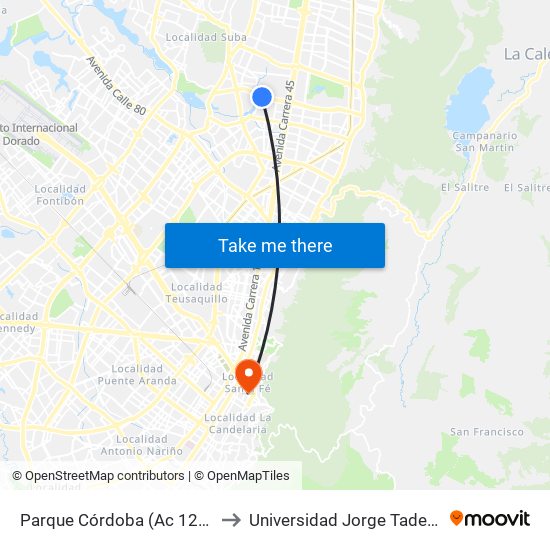 Parque Córdoba (Ac 127 - Kr 54) to Universidad Jorge Tadeo Lozano map