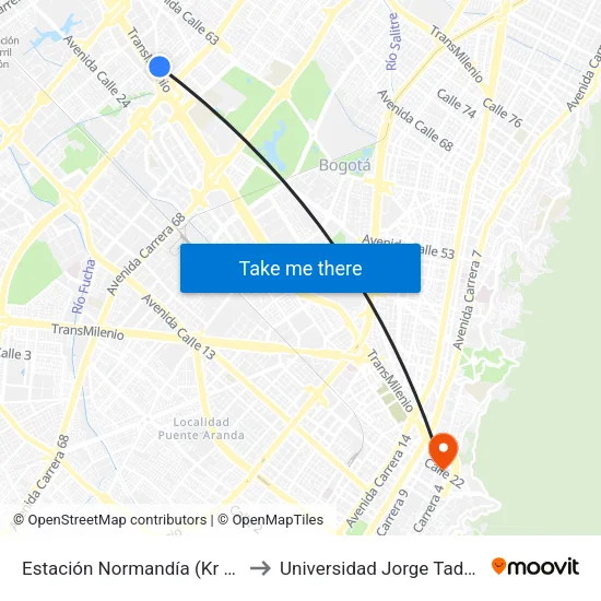 Estación Normandía (Kr 74 - Dg 47) to Universidad Jorge Tadeo Lozano map