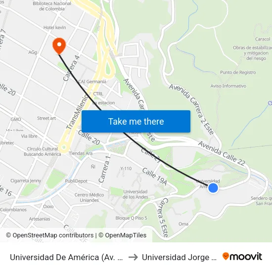 Universidad De América (Av. Circunvalar - Cl 19a) to Universidad Jorge Tadeo Lozano map