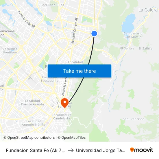 Fundación Santa Fe (Ak 7 - Cl 118) (A) to Universidad Jorge Tadeo Lozano map