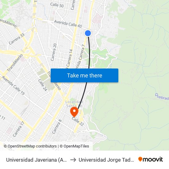 Universidad Javeriana (Ak 7 - Cl 43) to Universidad Jorge Tadeo Lozano map