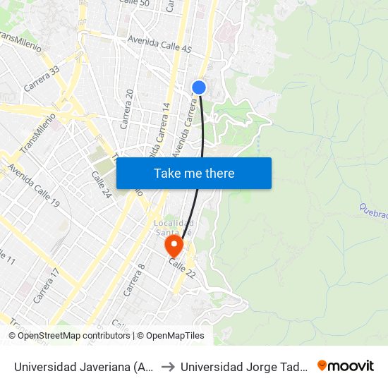 Universidad Javeriana (Ak 7 - Cl 40) to Universidad Jorge Tadeo Lozano map