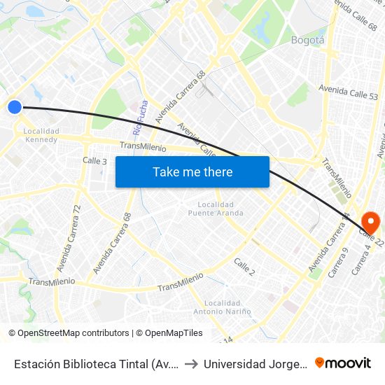 Estación Biblioteca Tintal (Av. Américas - Kr 82) (A) to Universidad Jorge Tadeo Lozano map
