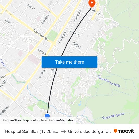 Hospital San Blas (Tv 2b Este - Cl 17 Sur) to Universidad Jorge Tadeo Lozano map