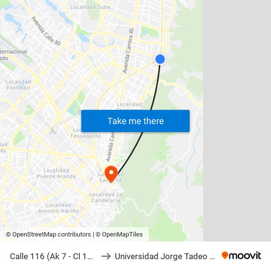 Calle 116 (Ak 7 - Cl 116) (A) to Universidad Jorge Tadeo Lozano map
