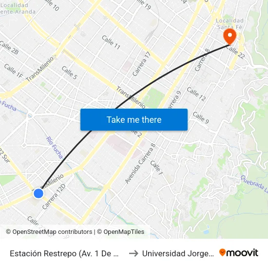 Estación Restrepo (Av. 1 De Mayo - Av. Caracas) (A) to Universidad Jorge Tadeo Lozano map