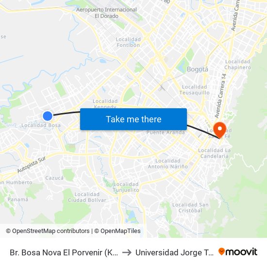 Br. Bosa Nova El Porvenir (Kr 87c - Cl 60 Sur) to Universidad Jorge Tadeo Lozano map