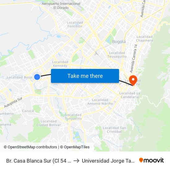 Br. Casa Blanca Sur (Cl 54 Sur - Kr 80d) to Universidad Jorge Tadeo Lozano map