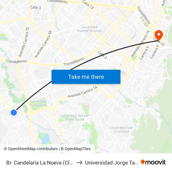 Br. Candelaria La Nueva (Cl 64 Sur - Kr 23) to Universidad Jorge Tadeo Lozano map