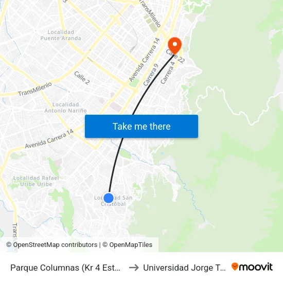 Parque Columnas (Kr 4 Este - Cl 31a Bis Sur) to Universidad Jorge Tadeo Lozano map