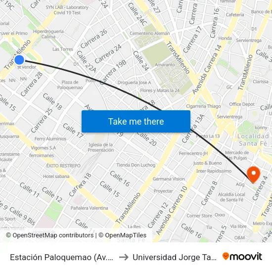 Estación Paloquemao (Av. NQS - Cl 17a) to Universidad Jorge Tadeo Lozano map