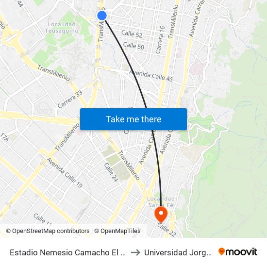 Estadio Nemesio Camacho El Campín (Av. NQS - Cl 53) to Universidad Jorge Tadeo Lozano map