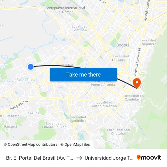 Br. El Portal Del Brasil (Av. Tintal - Cl 54g Sur) to Universidad Jorge Tadeo Lozano map