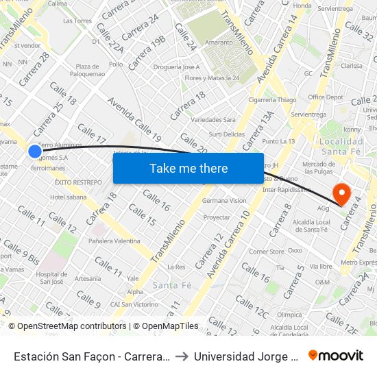 Estación San Façon - Carrera 22 (Ac 13 - Tv 22) to Universidad Jorge Tadeo Lozano map