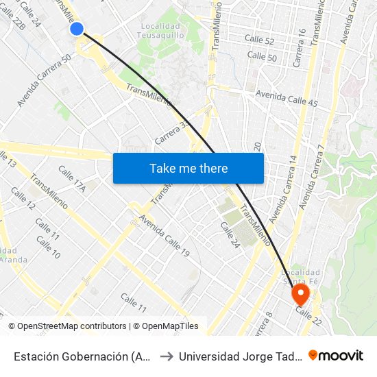 Estación Gobernación (Ac 26 - Kr 51) to Universidad Jorge Tadeo Lozano map