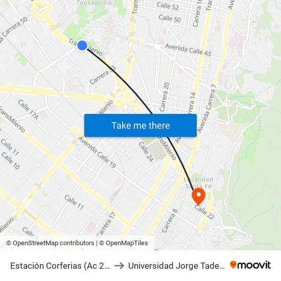Estación Corferias (Ac 26 - Kr 39) to Universidad Jorge Tadeo Lozano map