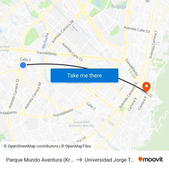 Parque Mundo Aventura (Kr 71d - Cl 1a Sur) to Universidad Jorge Tadeo Lozano map