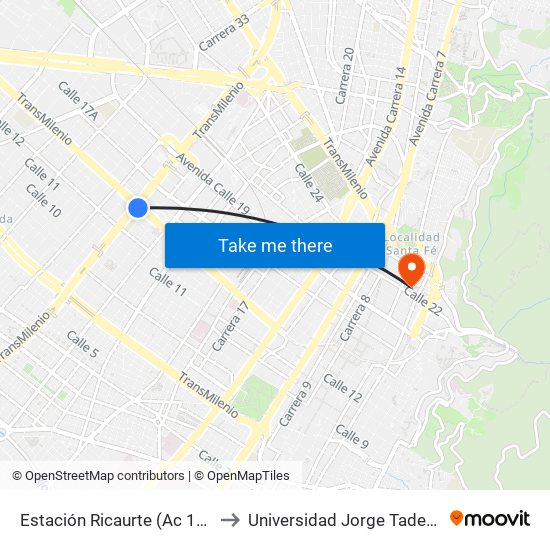 Estación Ricaurte (Ac 13 - Kr 29) to Universidad Jorge Tadeo Lozano map