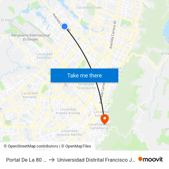 Portal De La 80 (Ac 80 - Tv 94l) to Universidad Distrital Francisco José De Caldas - Sede Vivero map