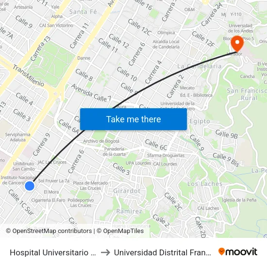 Hospital Universitario La Samaritana (Kr 8 - Cl 0 Sur) to Universidad Distrital Francisco José De Caldas - Sede Vivero map