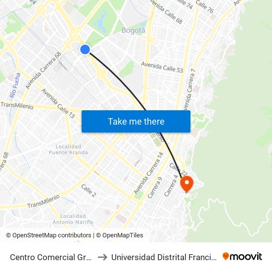 Centro Comercial Gran Estación (Ac 26 - Kr 60) to Universidad Distrital Francisco José De Caldas - Sede Vivero map