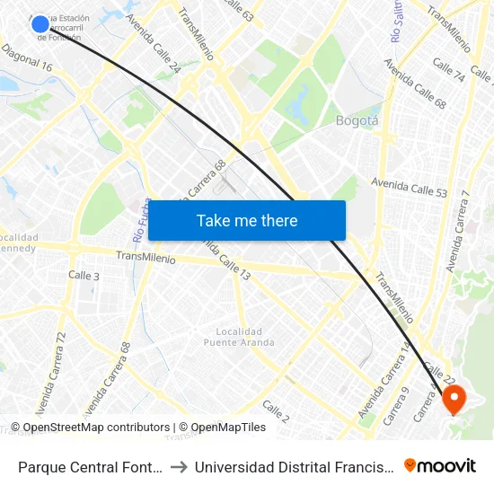 Parque Central Fontibón (Kr 99 - Cl 17a) (B) to Universidad Distrital Francisco José De Caldas - Sede Vivero map