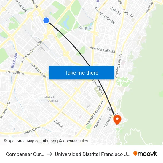 Compensar Cur (Ac 26 - Kr 69) to Universidad Distrital Francisco José De Caldas - Sede Vivero map