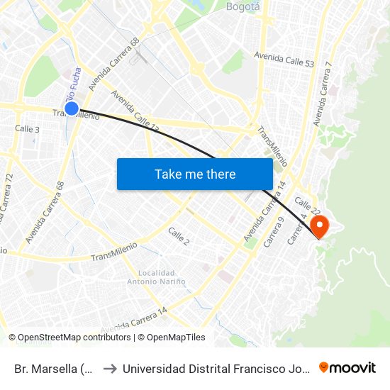 Br. Marsella (Kr 68d - Cl 6) to Universidad Distrital Francisco José De Caldas - Sede Vivero map